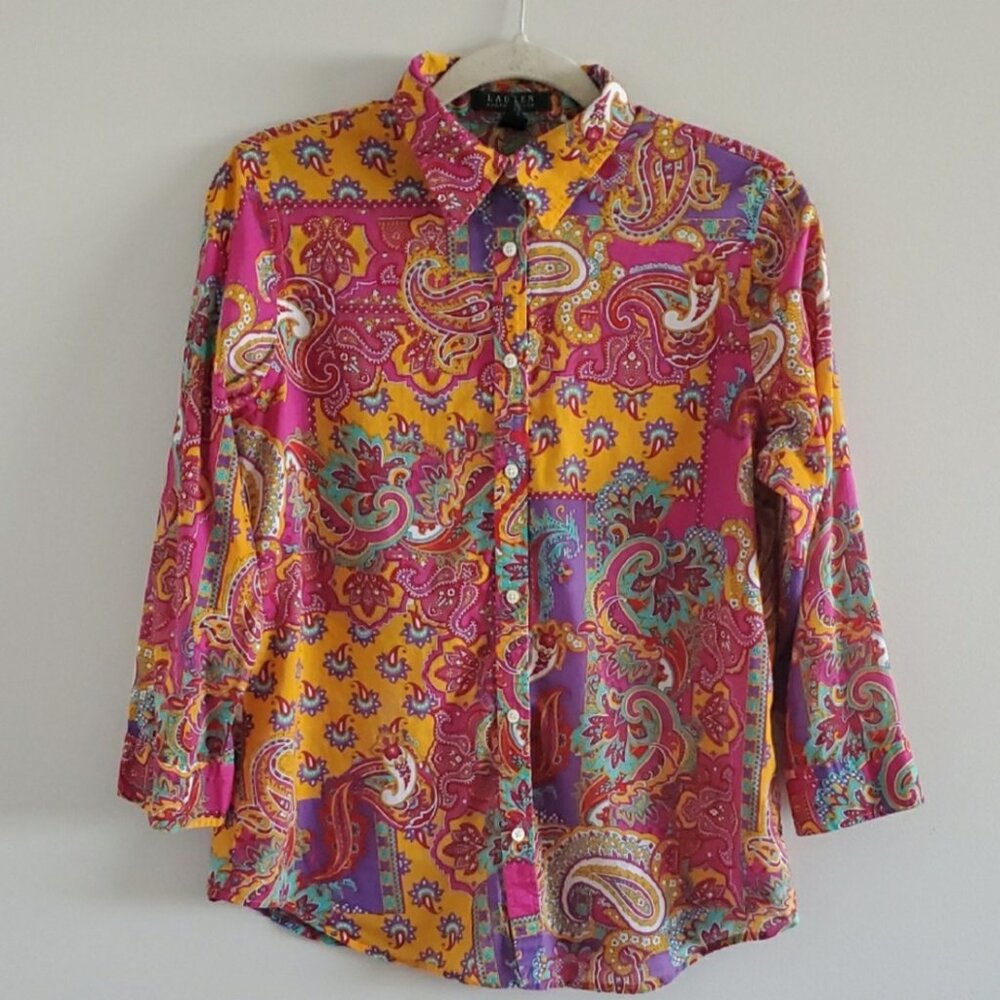 Ralph Lauren Women's Multicolor Paisley 3/4 Sleeves Cotton Shirt Size M